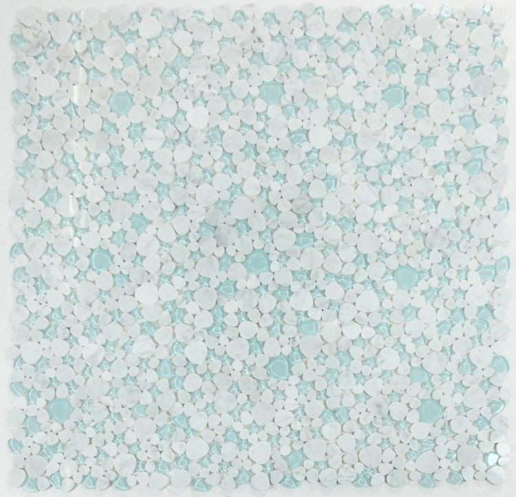 NB4616 Carrara Blue Glass and Stone Pebble Mosaic Tile 9 sheets together