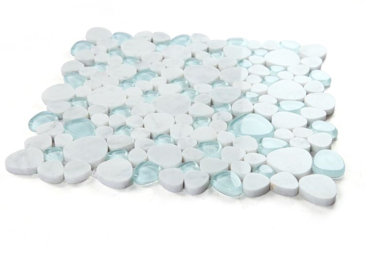 NB4616 Carrara Blue Glass and Stone Pebble Mosaic Tile Angle View