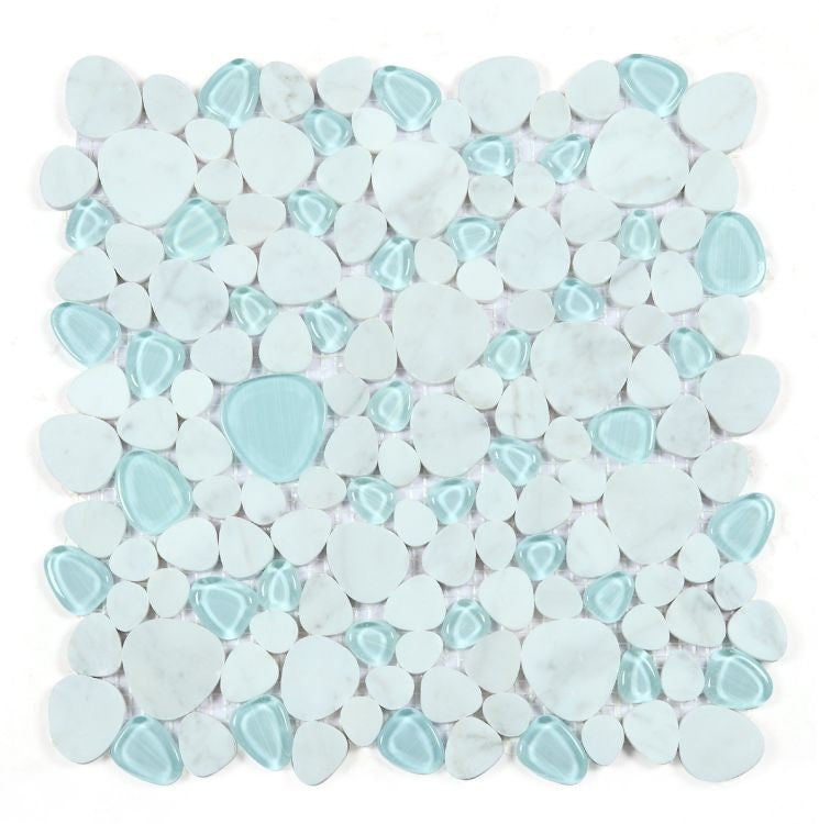 NB4616 Carrara Blue Glass and Stone Pebble Mosaic Tile