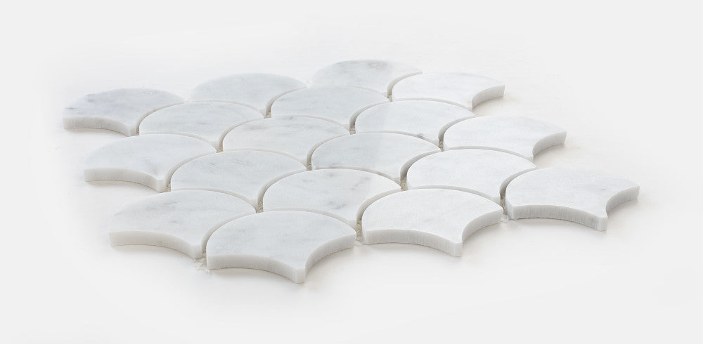 NB545 Fish Scale Carrara Polished Marble Mosaic Angle View
