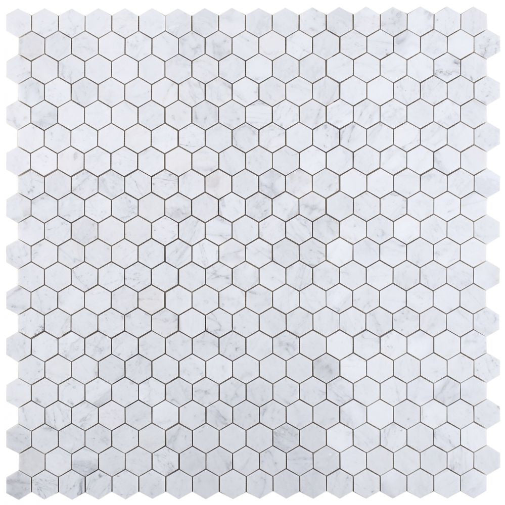 NB603 Carrara Polished 2 x 2 Hexagon Marble Mosaic at BELK Tile 9 sheets together