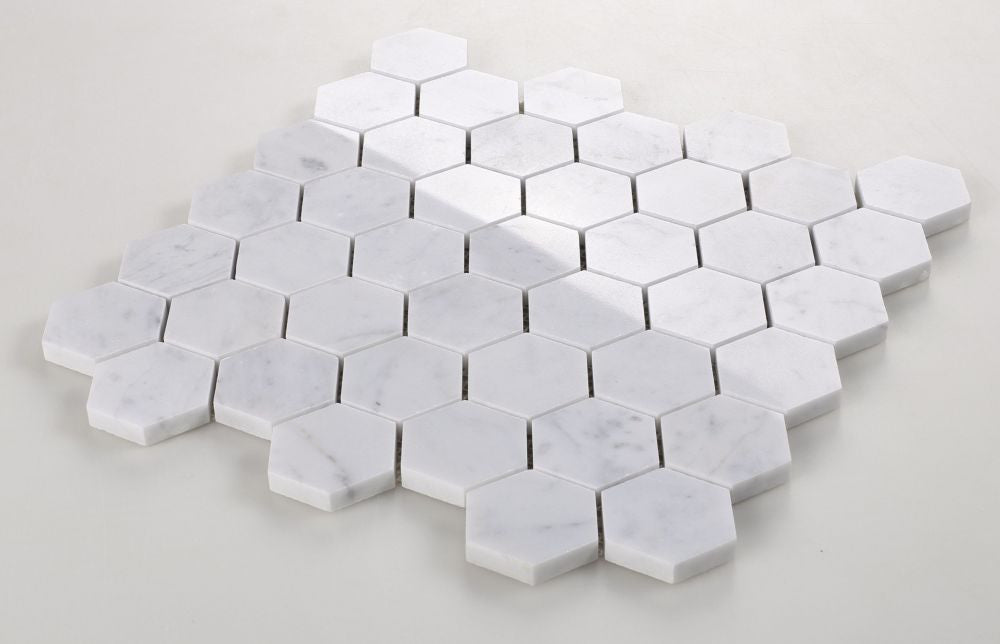 NB603 Carrara Polished 2 x 2 Hexagon Marble Mosaic at BELK Tile Angle View