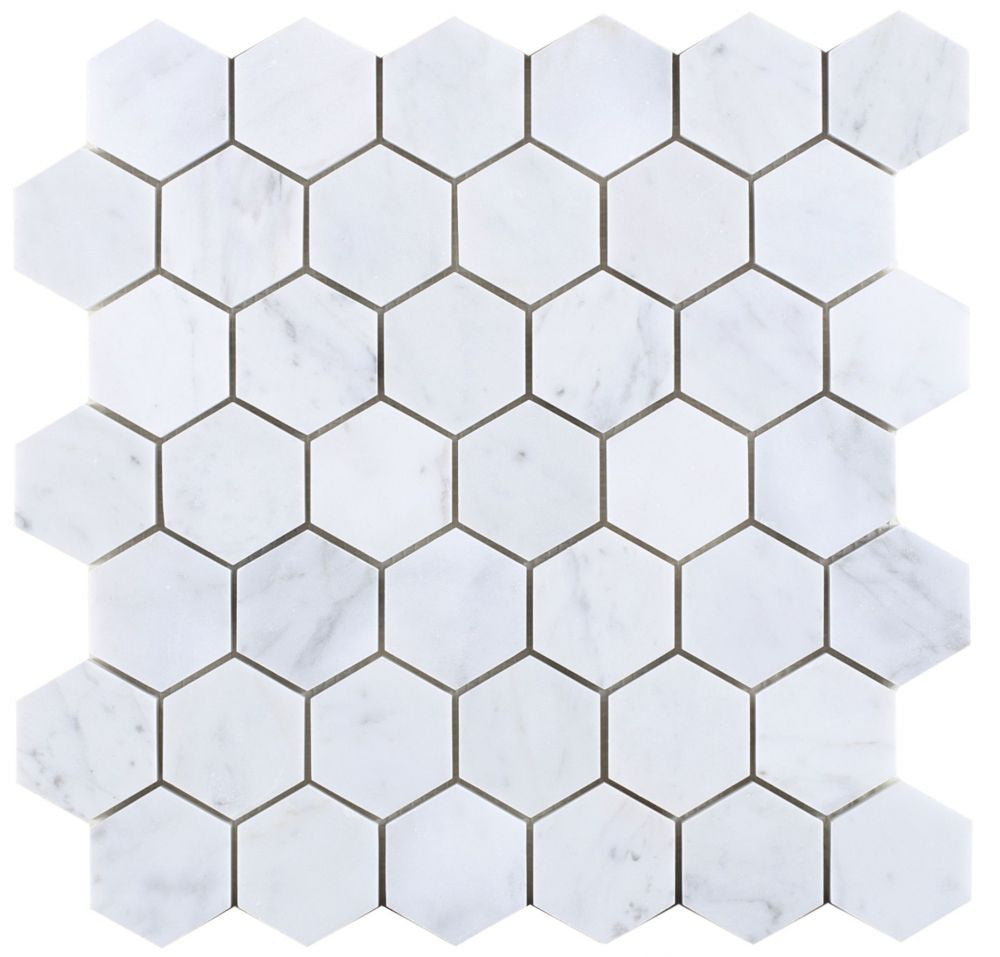 NB603 Carrara Polished 2 x 2 Hexagon Marble Mosaic at BELK Tile
