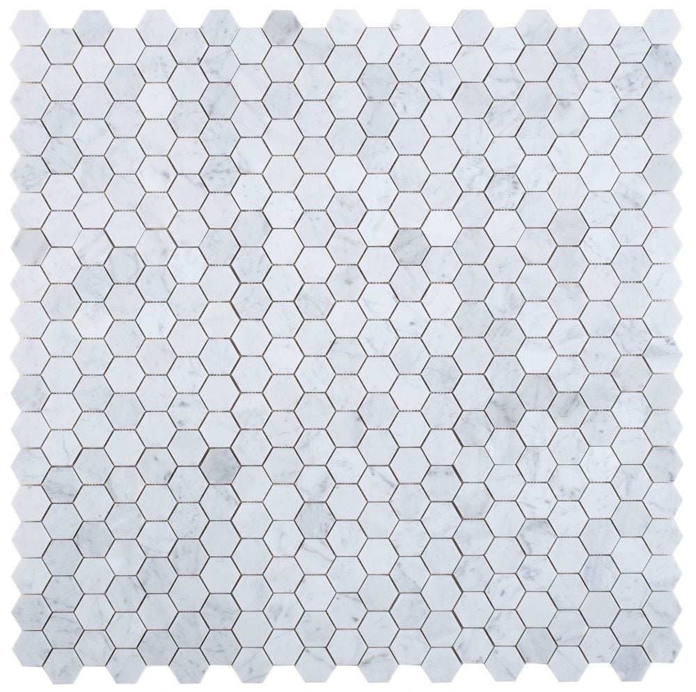 NB728 Carrara Honed 2 x 2 Hexagon Marble Mosaic at BELK Tile 9 sheets together