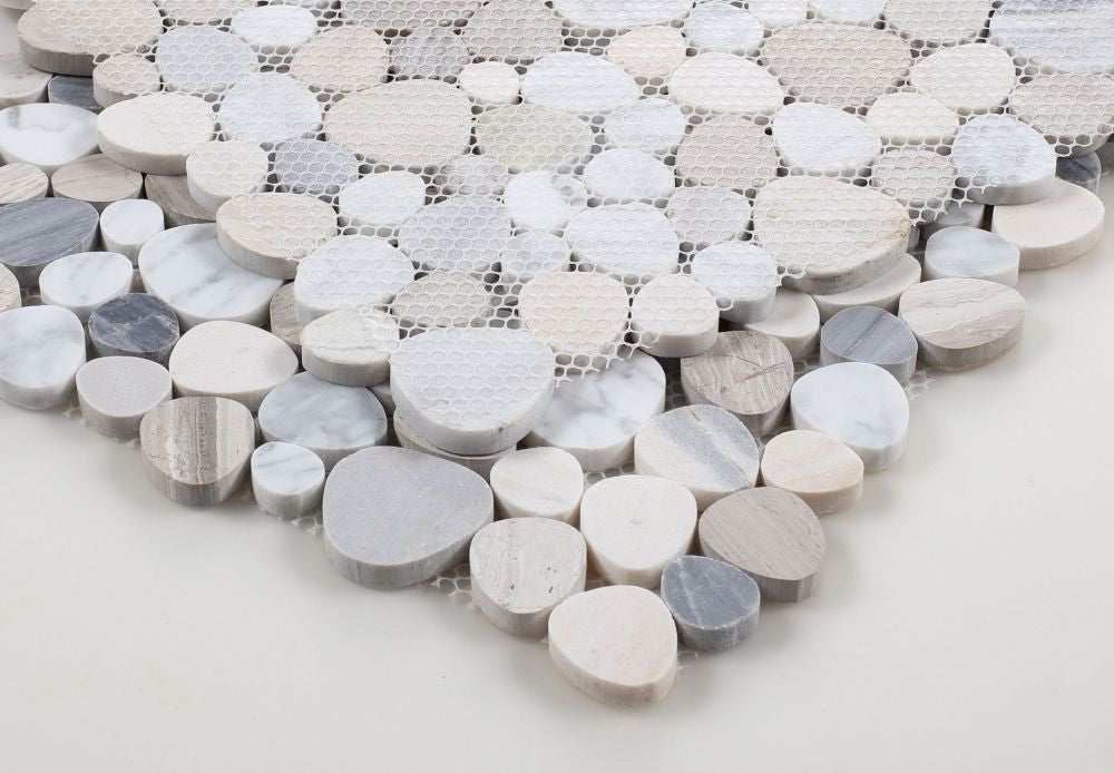 NB817 Sliced Pebble Blue Polished Marble Mosaic Tile Angle View