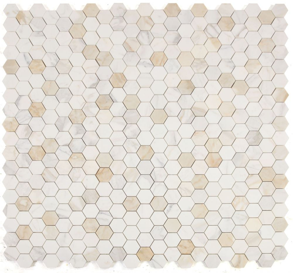 NB829 Calacatta Gold Honed 2 x 2 hexagon Marble Mosaic at BELK Tile 9 sheets together