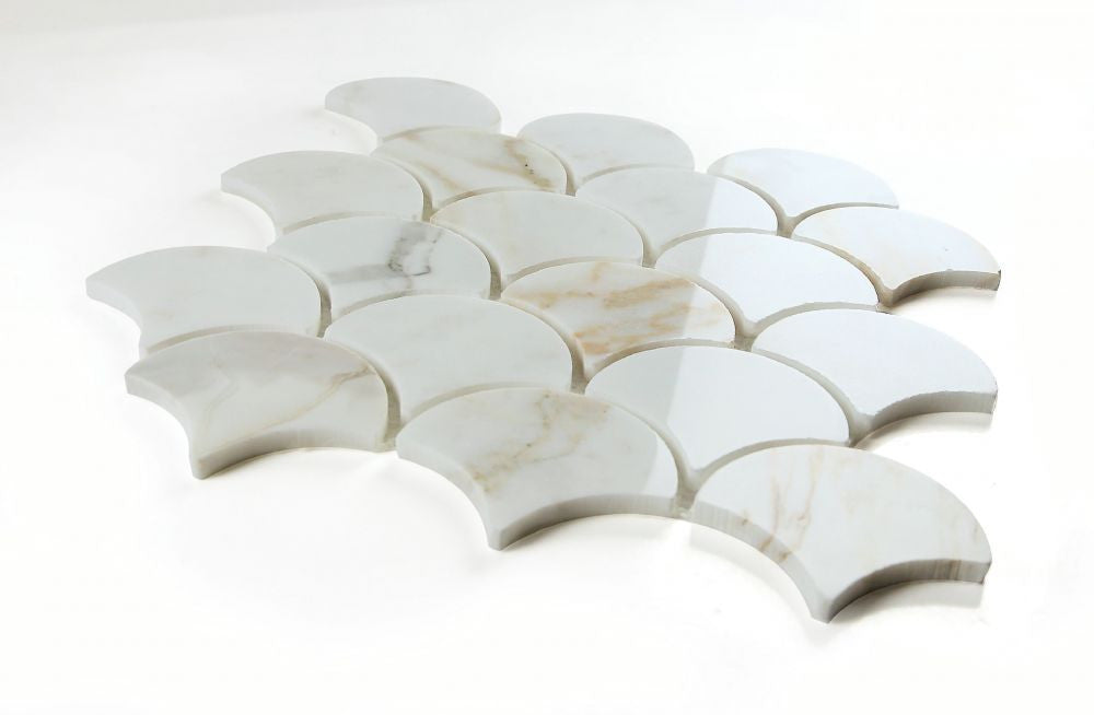 NB848 Fish Scale Calacatta Gold Polished Marble Mosaic Angle View