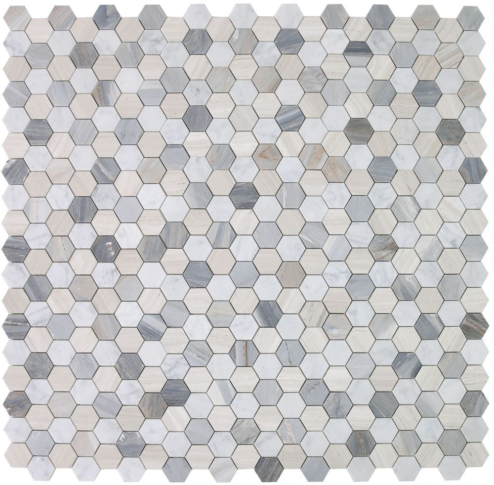 NB935 Blue 2 x 2 Hexagon Polished Marble Mosaic, Carrara, Haisa and Palissandro Blue Marble 9 sheets together