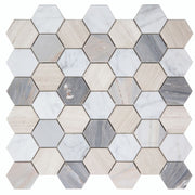 NB935 Blue 2 x 2 Hexagon Polished Marble Mosaic, Carrara, Haisa and Palissandro Blue Marble