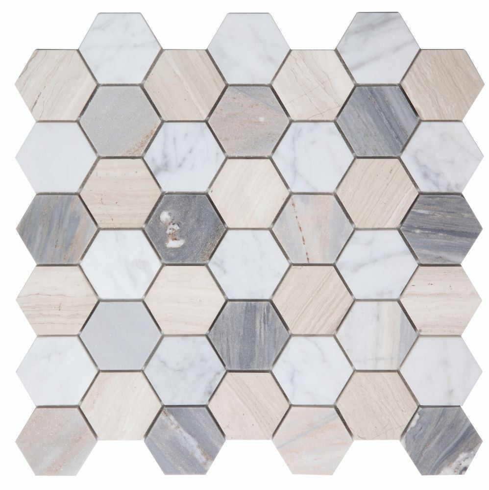 NB935 Blue 2 x 2 Hexagon Polished Marble Mosaic, Carrara, Haisa and Palissandro Blue Marble