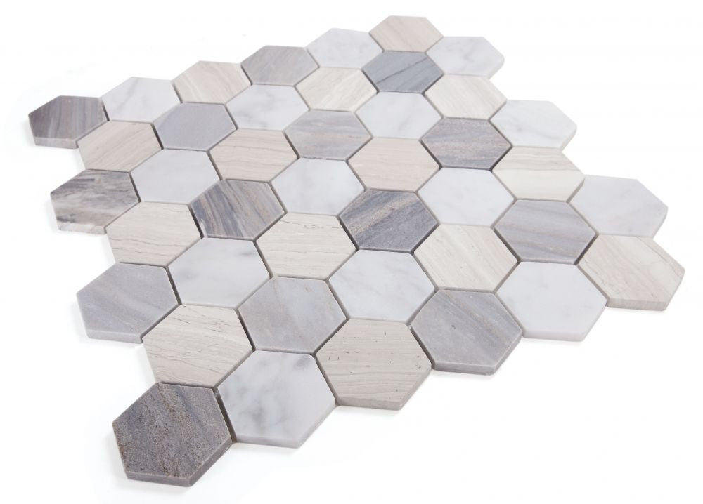 NB935 Blue 2 x 2 Hexagon Polished Marble Mosaic, Carrara, Haisa and Palissandro Blue Marble angle view