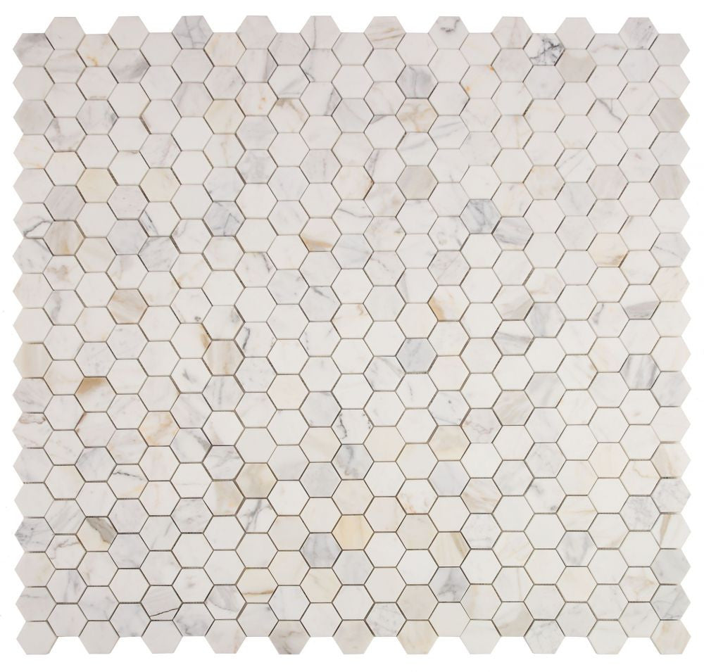 NBO1047 Calacatta Gold Polished 2 x 2 Hexagon Marble Mosaic 9 sheets together