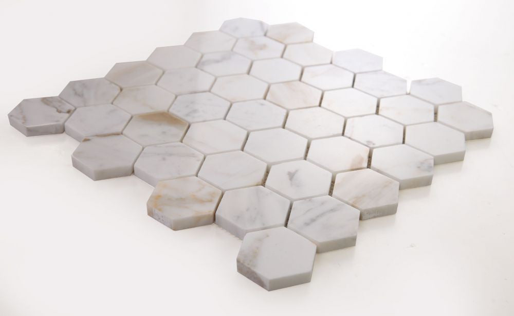 NBO1047 Calacatta Gold Polished 2 x 2 Hexagon Marble Mosaic Angle View