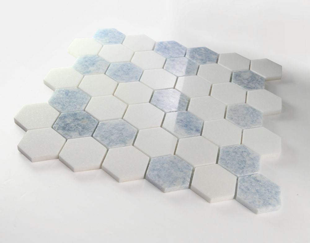 NBO1081 Ocean 2 x 2 Hexagon Marble Mosaic Tile Angle View