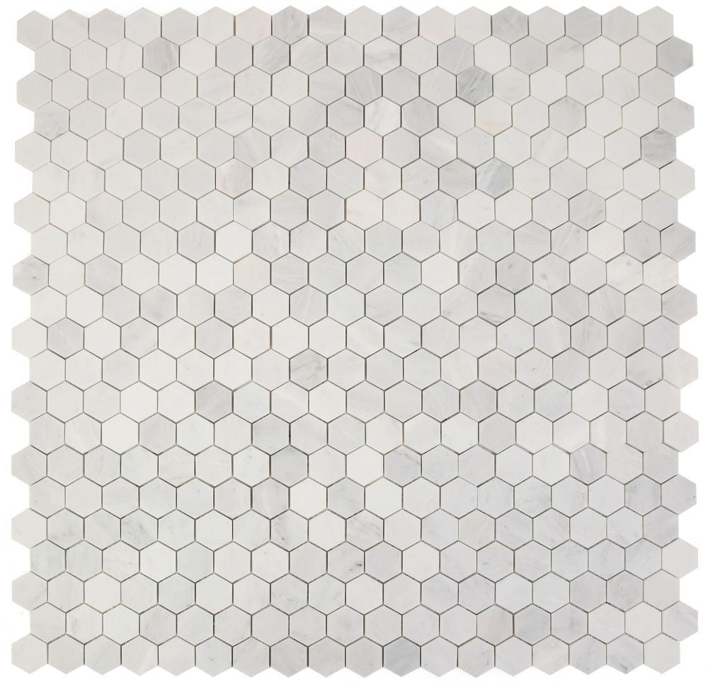 NBO1129 White Polished 2 x 2 Hexagon Marble Mosaic 9 sheets together