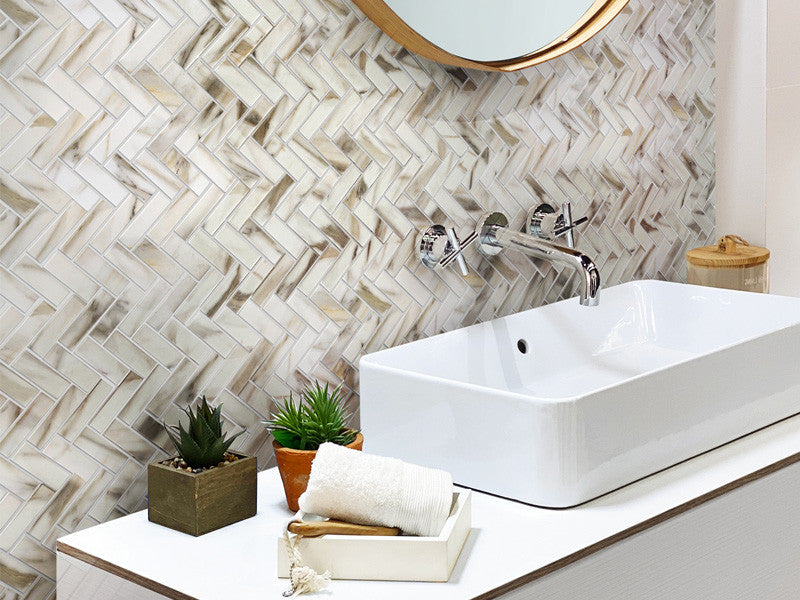 MIR Mosaics Nantucket Tuckernuck Herringbone NNC-03CL bathroom wall install