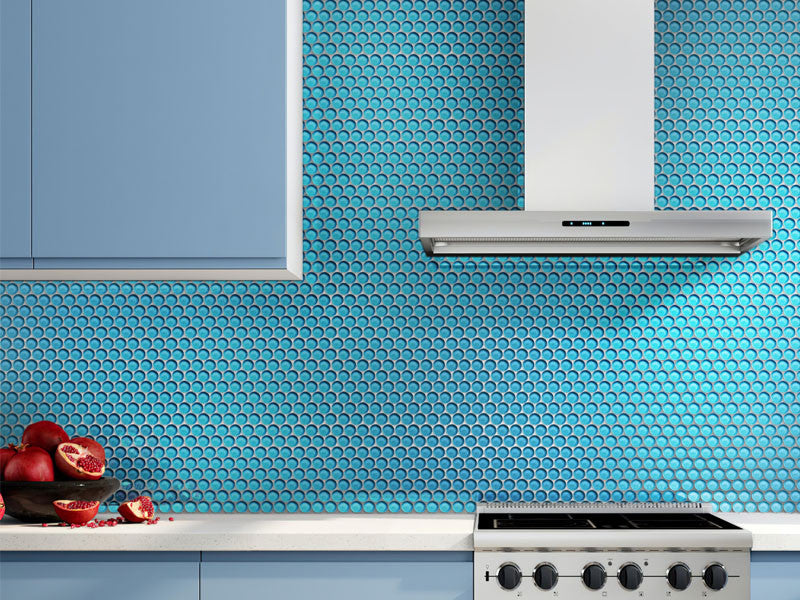 Mir Mosaic Tile Turquoise penny round mosaic PN-042 behind the stove tile
