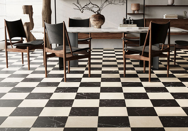 Renaissance Collection RNS-2805 Nero Marquina 12 x 12 Polished Tile Dining Room Install