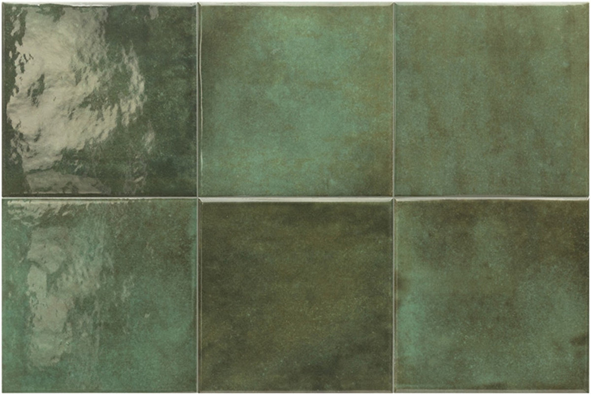 Splash Green SPL-GRN-GL green glossy 6x6 zellige-look porcelain tile showing color variation