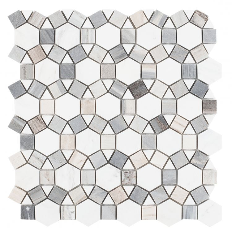 Sunflower Ring Marble Mosaic Carrara and Blue Polish