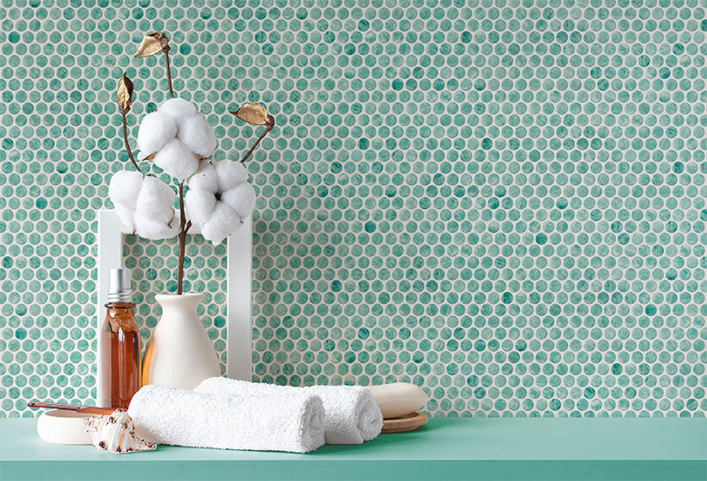 Tahiti Isles Penny Round Recycled Glass Mosaic TI 5421 Mahina Pond Bathroom wall tile