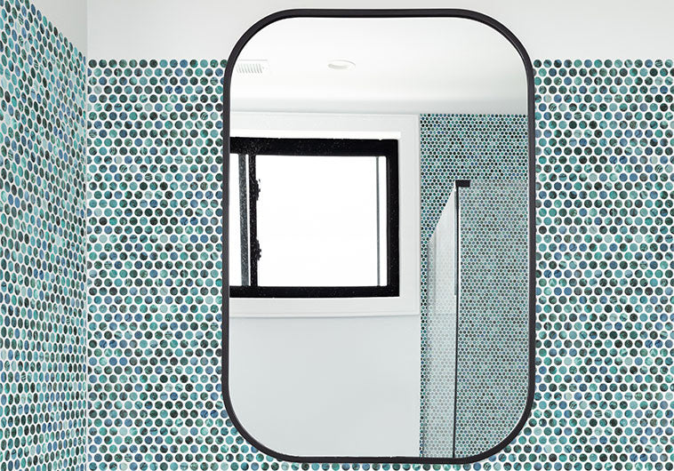 Tahiti Isles Penny Round Recycled Glass Mosaic TI 5423 Morea Lagoon bathroom wall tiles