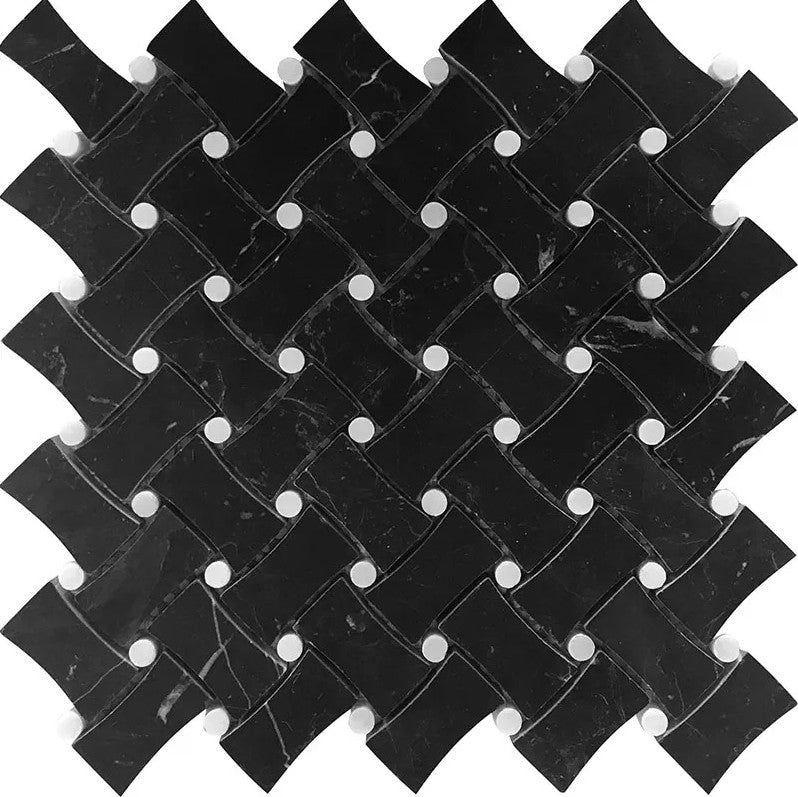 Tuxedo Park Bowtie TX-B29H black and white honed marble basketweave mosaic tile sheet