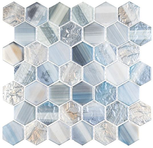 Uptown Beach Lido Down UPB-2104 blue iridescent 2-inch hexagon glass mosaic tile