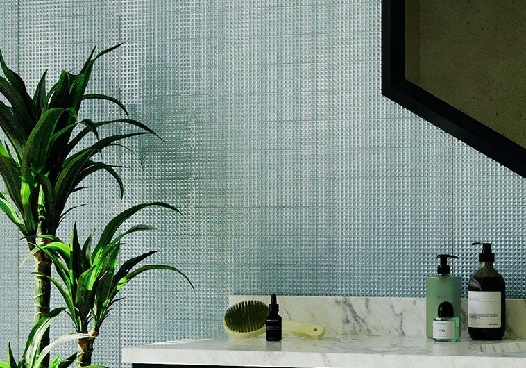 Wafer Series WFR-1284 Benne, gray tone vanity backsplash installation
