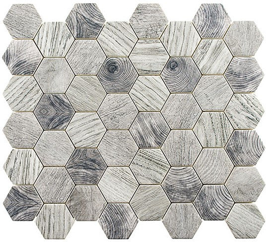 WDL-4005 Evening Beach gray hexagon wood-look recycled glass mosaic tile sheet for backsplash and shower walls