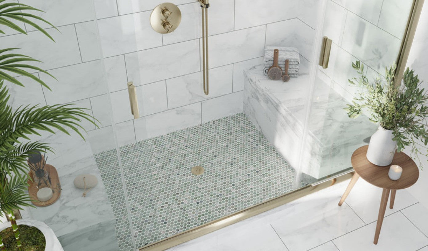 Modern tiled bathroom with coordinated floor and wall tile featured on BELK Tile Bathroom Blog