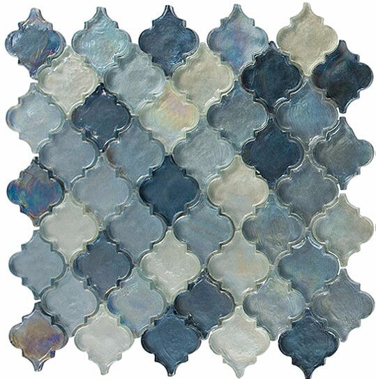 Blue iridescent glass arabesque mosaic tile sheet, ideal for kitchen backsplash and shower wall installations.