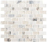 White iridescent glass subway mosaic tile, 1x2in, for backsplash, shower & pool walls
