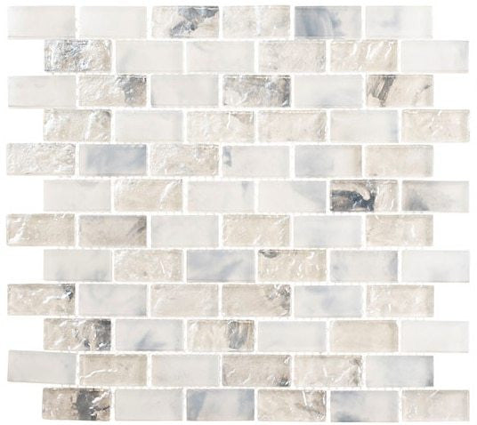White iridescent glass subway mosaic tile, 1x2in, for backsplash, shower & pool walls