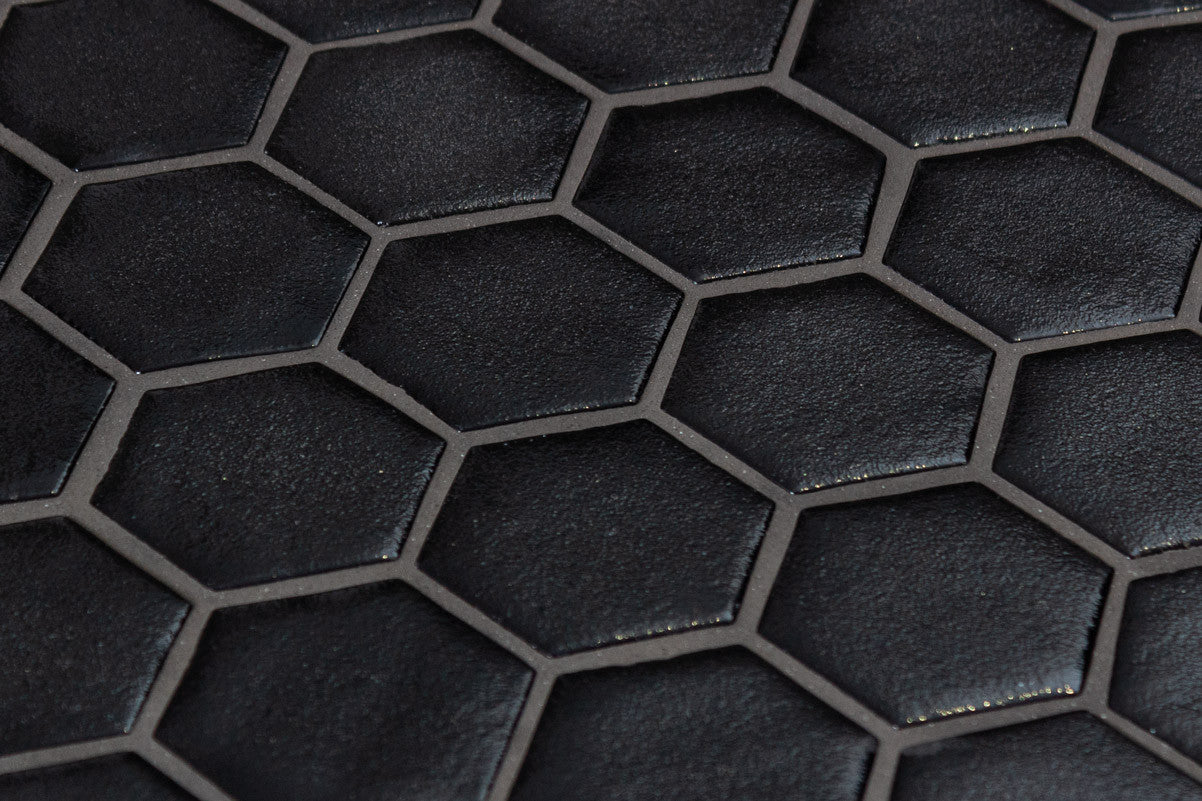 Onix Mosaico Hearth Palace Hexagon Stone Glass Black HP2HSGB close up