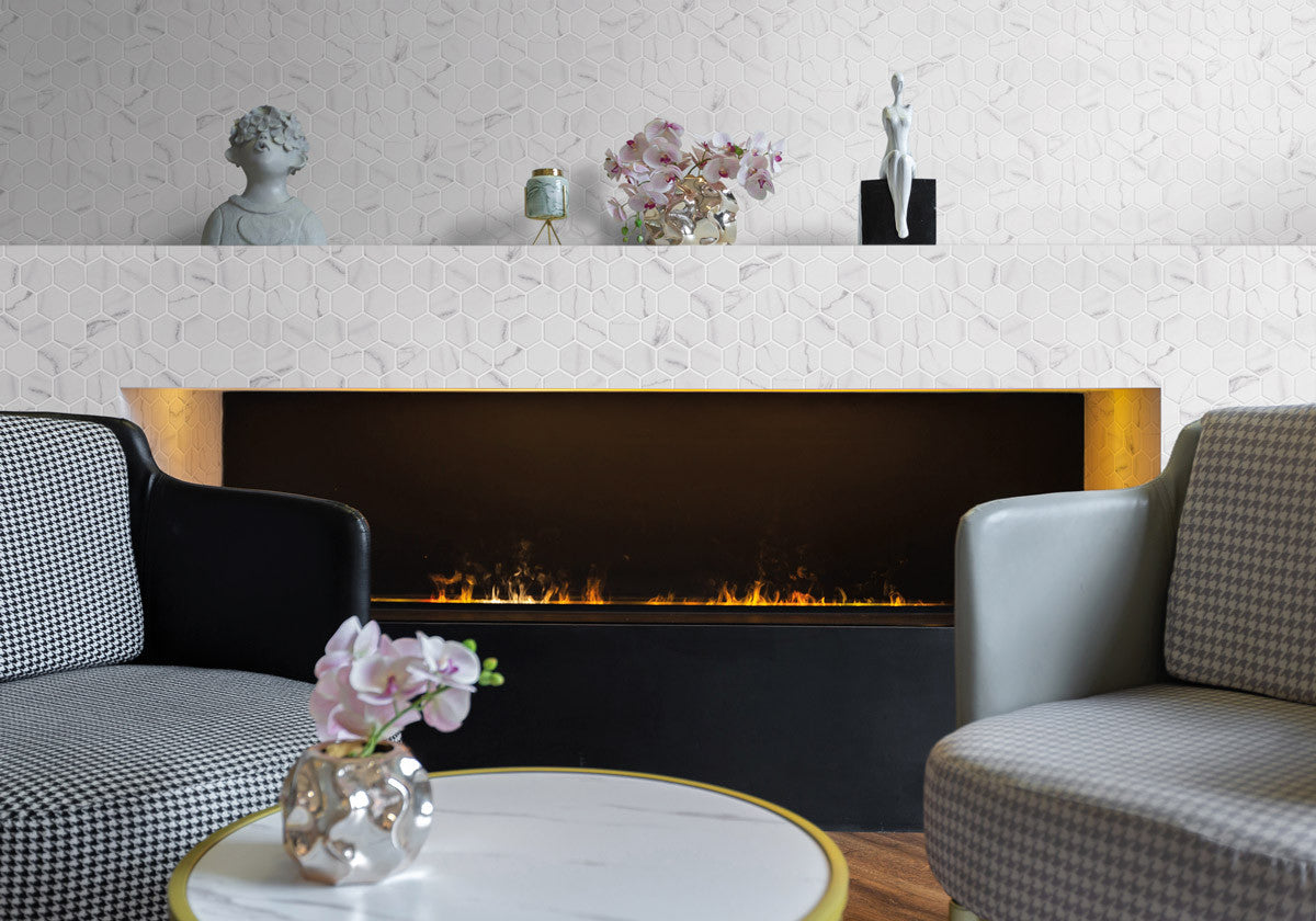 Onix Mosaico Hearth Palace hexagon matte venato white HP2HMVW fireplace tiles