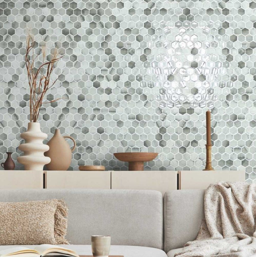 Onix Mosaico 2 inch hexagon color bardiglio wall tile install