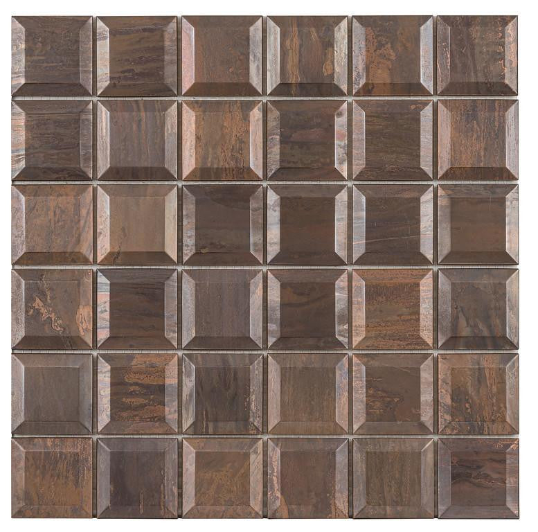 Antique copper 2x2 beveled square metal mosaic tile, matte brown finish, kitchen backsplash