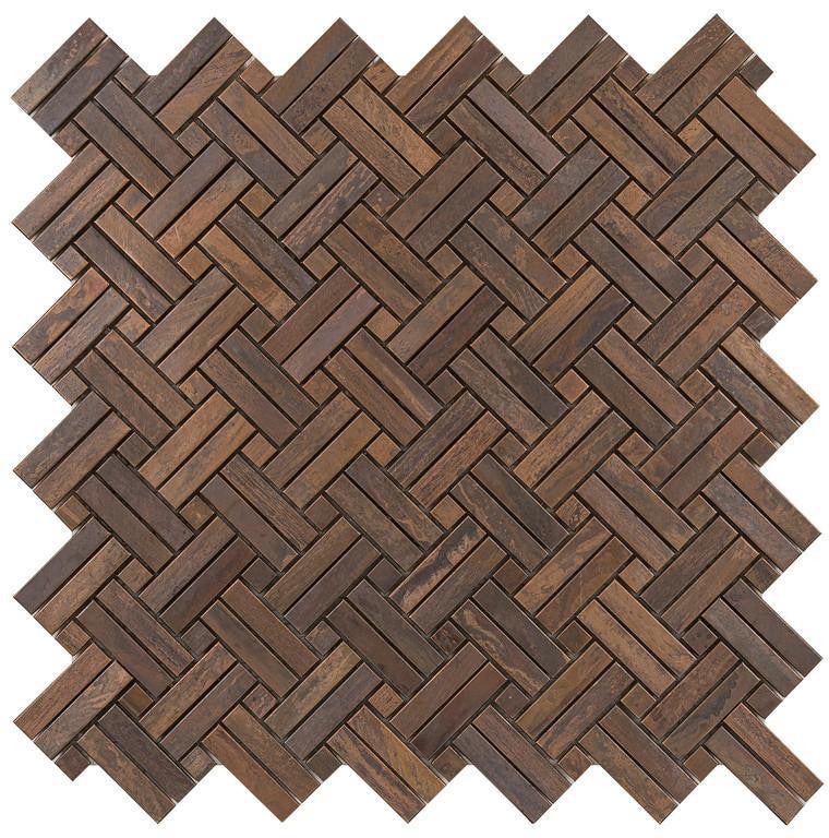 Antique copper basketweave metal mosaic tile, matte brown finish, for kitchen backsplash and fireplace accents