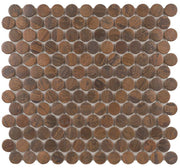 Antique copper penny round metal mosaic tile, matte brown finish, kitchen backsplash and fireplace