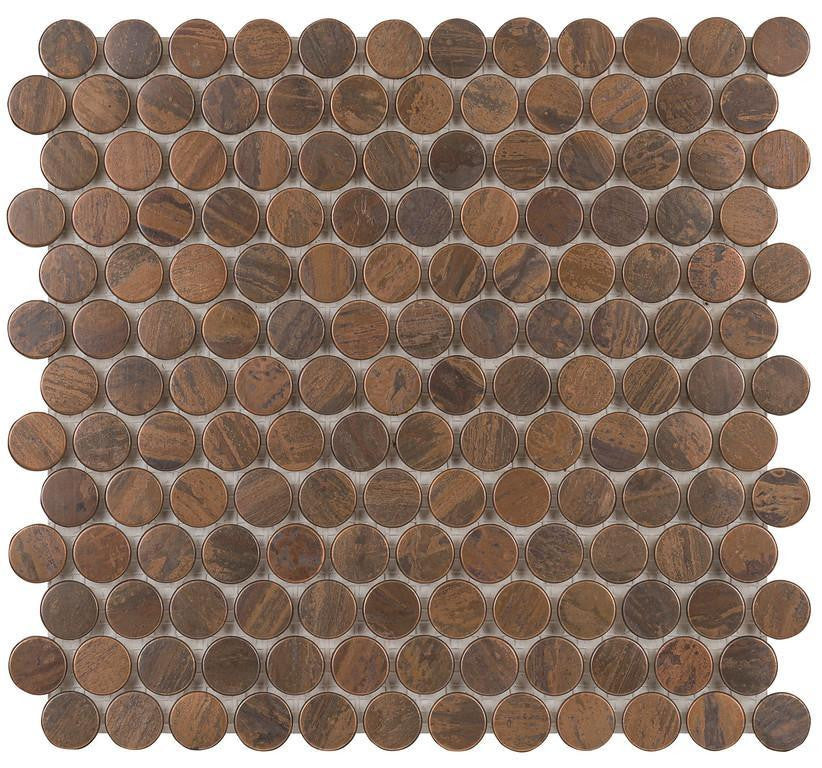 Antique copper penny round metal mosaic tile, matte brown finish, kitchen backsplash and fireplace
