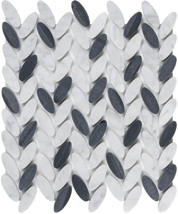 Black and white marble herringbone mosaic tile sheet for kitchen backsplash, shower wall, and fireplace accents