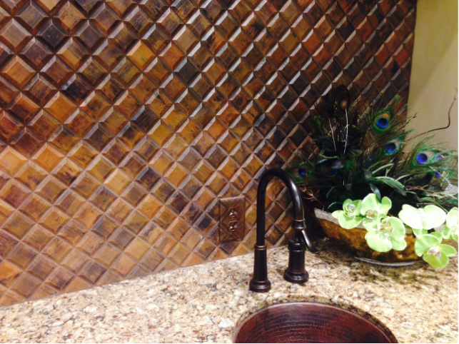 Copper tiles backsplash bar