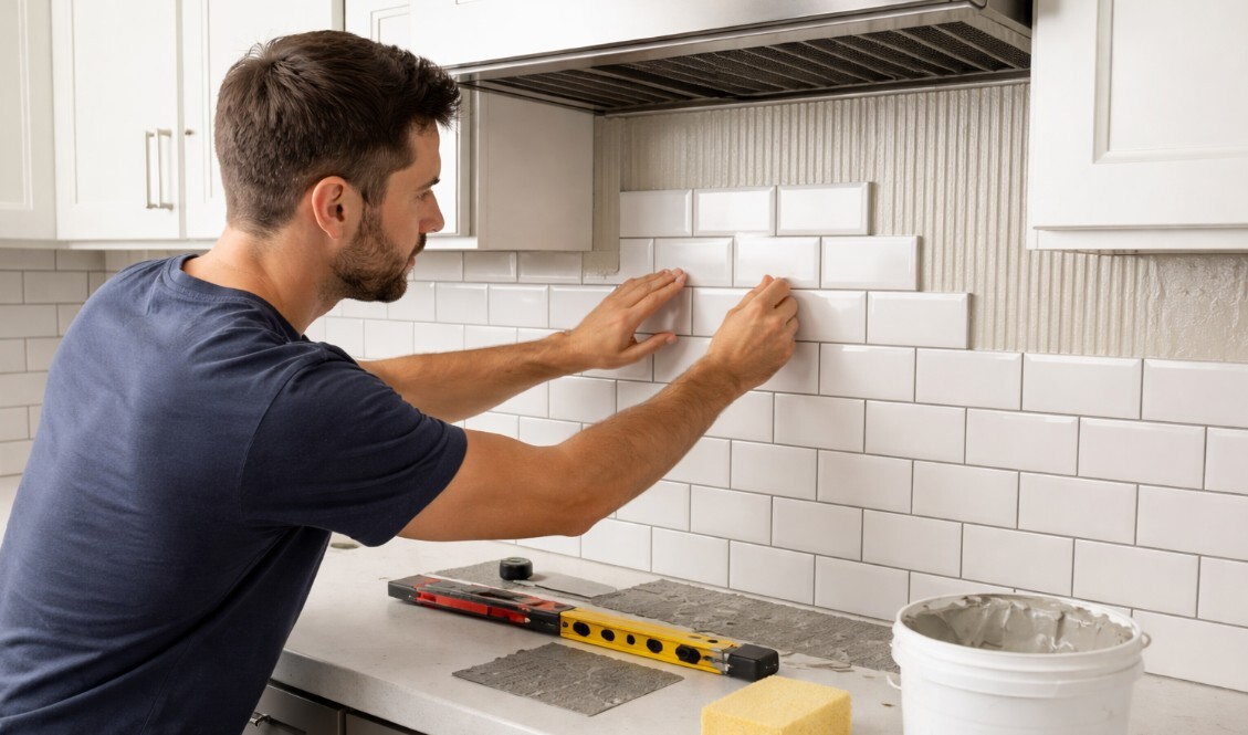 Installing subway tile on a kitchen backsplash by Mike Belk Installing subway tile on a kitchen backsplash by Mike Belk