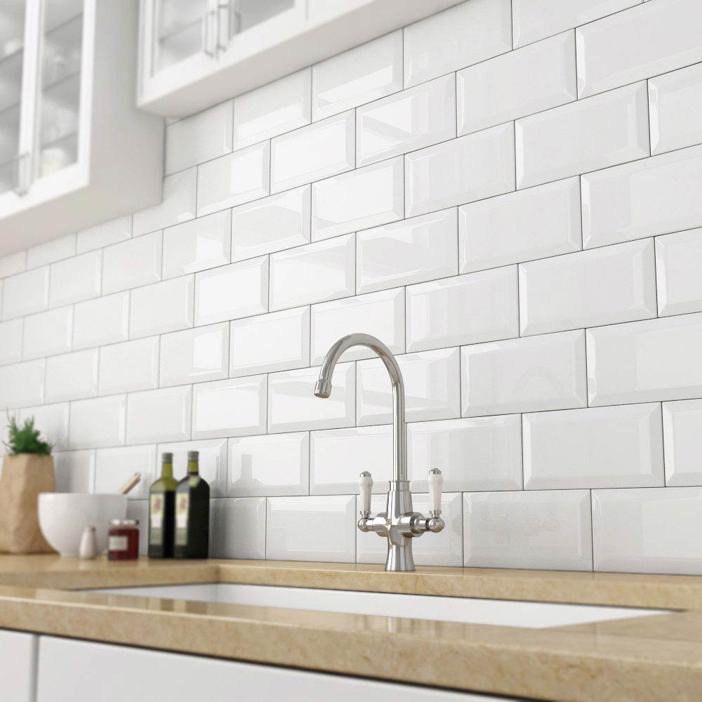 white beveled subway tile backsplashes | BELK Tile