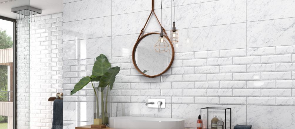 Bevel ceramic subway tile bathroom and shower