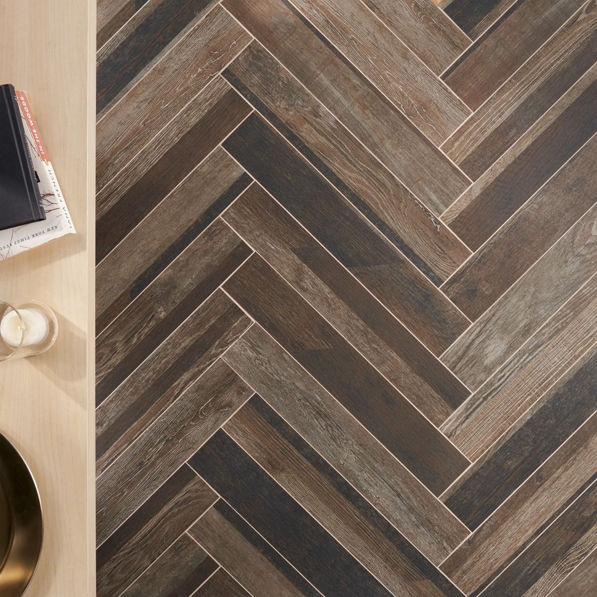 wood look porcelain herringbone tiles